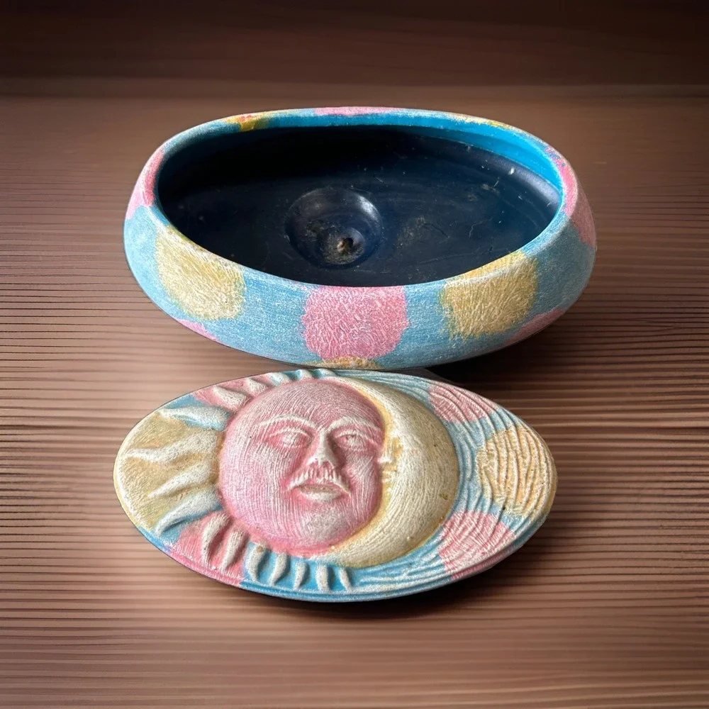 Celestial 3D Sun Moon Candle Trinket Box Hand Painted Pottery Whimsigoth Read
